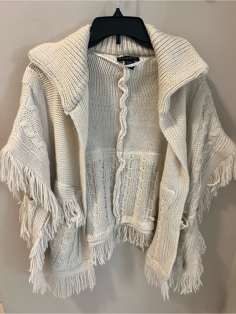 Madden Girl Cream Fringe Knit Poncho Cardigan, one size